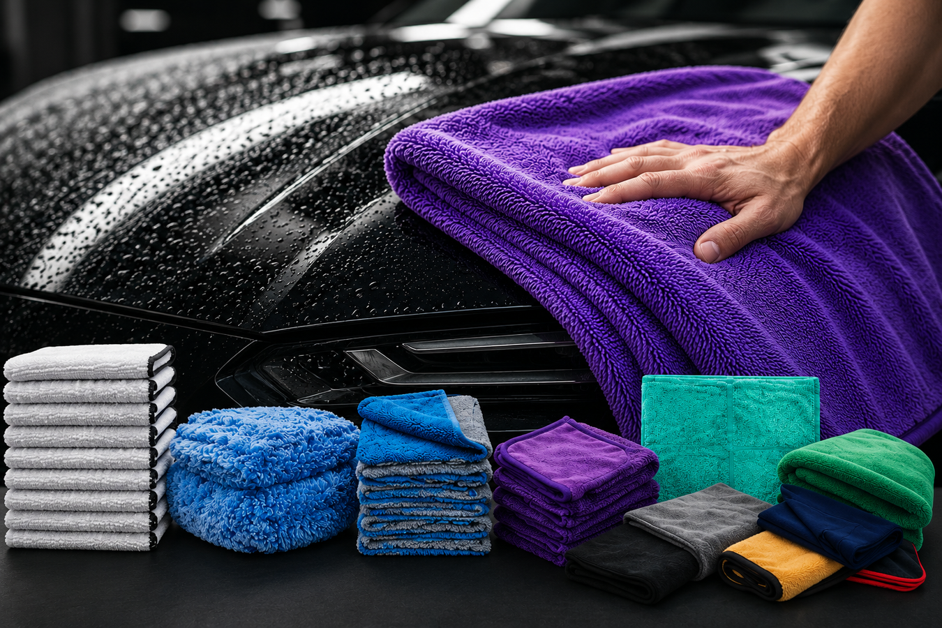 A close-up of a hand drying a black car hood with a purple microfiber towel, with stacks of folded microfiber cloths in multiple colors arranged in front.