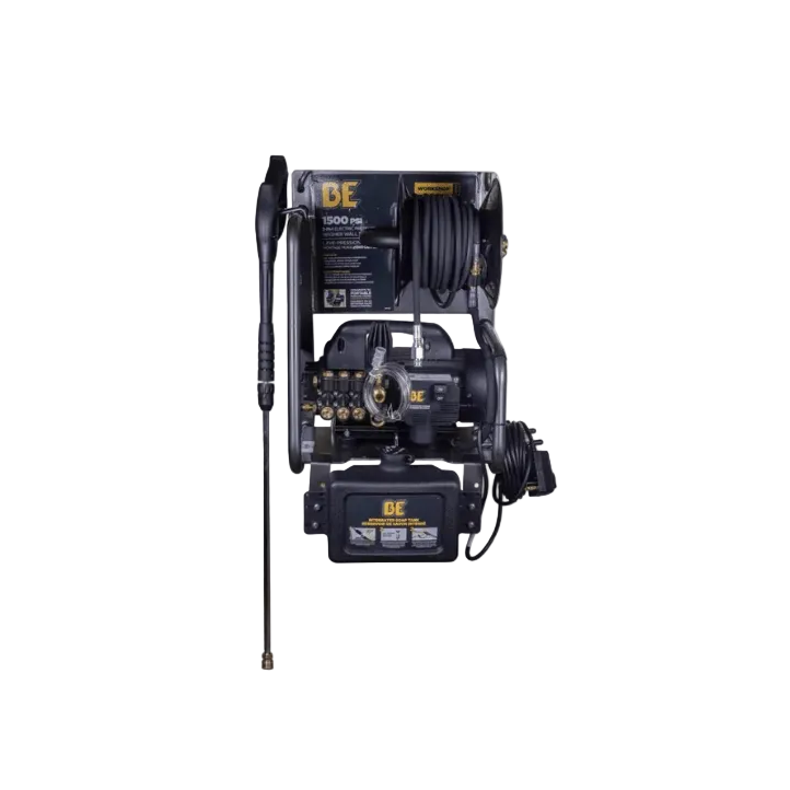 Pressure washer with hose and nozzle on a white background