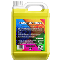 Yellow bottle of Microfiber Magic with colorful label on a white background