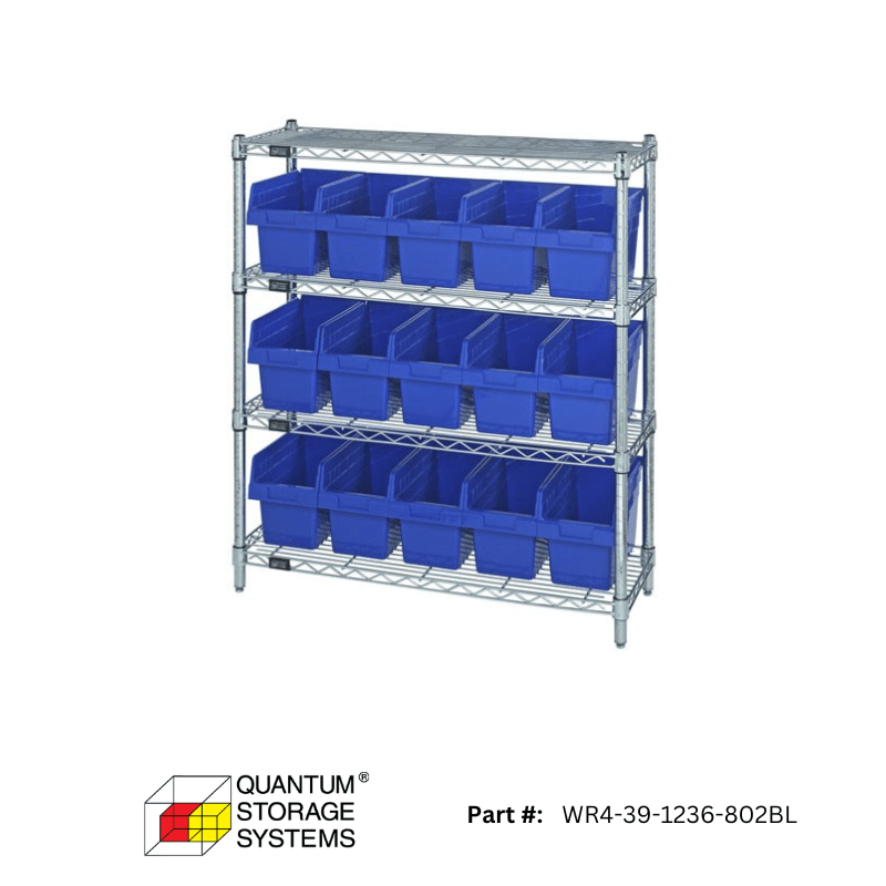 Quantum 36" x 12" x 39" Store - Max 8" Shelf Bin Wire Shelving System (4 Shelves) - Custom Dealer Solutions - WR4 - 39 - 1236 - 802BL
