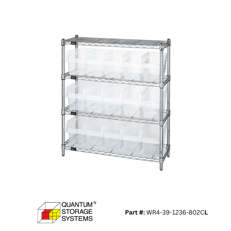Quantum 36" x 12" x 39" Store - Max 8" Shelf Bin Wire Shelving System (4 Shelves) - Custom Dealer Solutions - WR4 - 39 - 1236 - 802CL