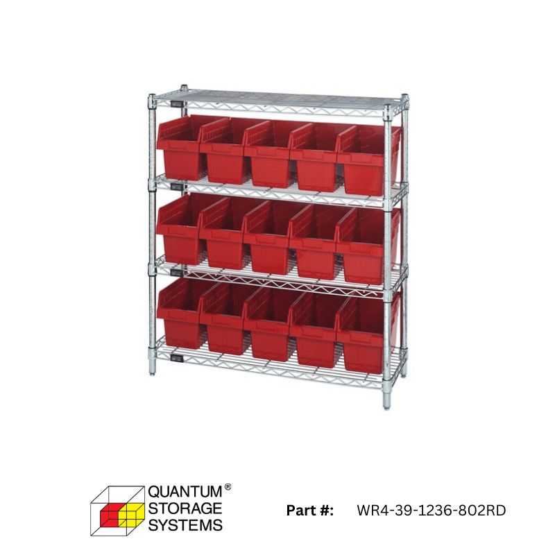 Quantum 36" x 12" x 39" Store - Max 8" Shelf Bin Wire Shelving System (4 Shelves) - Custom Dealer Solutions - WR4 - 39 - 1236 - 802RD