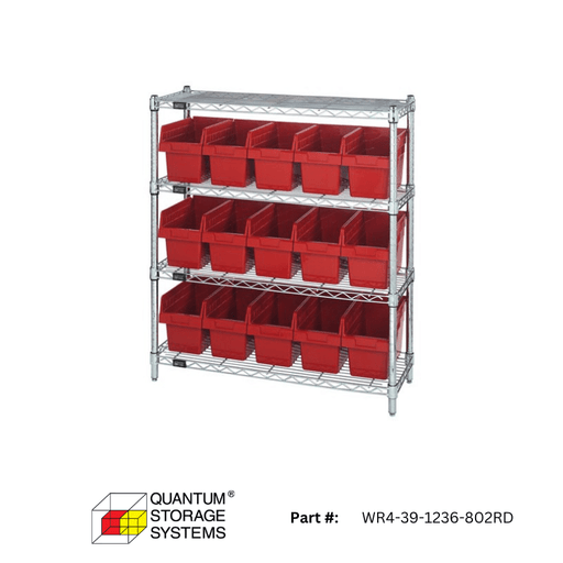 Quantum 36" x 12" x 39" Store - Max 8" Shelf Bin Wire Shelving System (4 Shelves) - Custom Dealer Solutions - WR4 - 39 - 1236 - 802RD