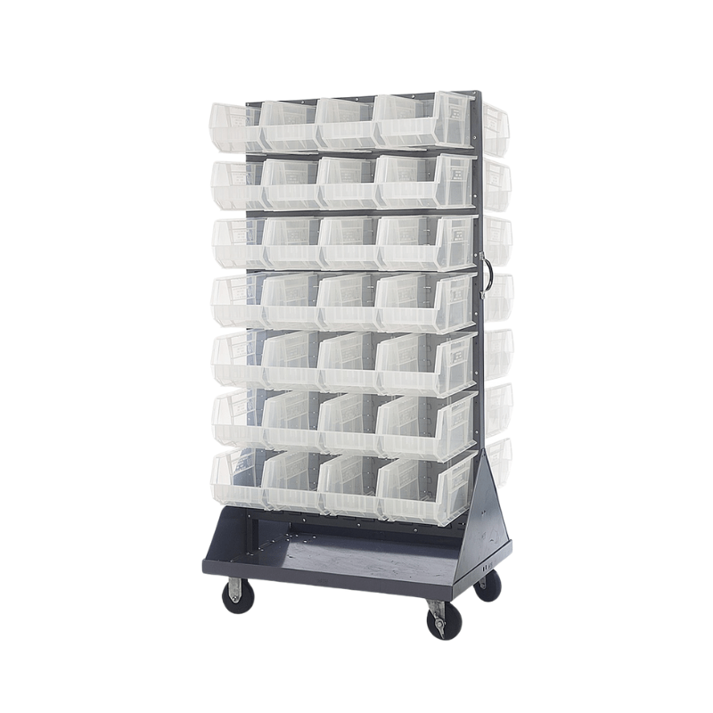 Quantum QMD - 36H - 240CL Mobile Double Sided Louvered Rack w/ 56 Clear View Bins - Custom Dealer Solutions - QMD - 36H - 240CL