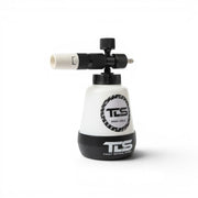 White and black foam cannon with TLS logo on a white background