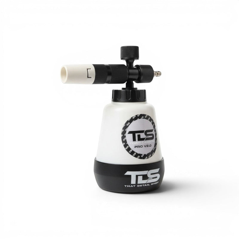 White and black foam cannon with TLS logo on a white background