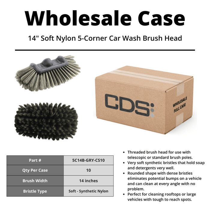 14" Soft Nylon 5 - Corner Car Wash Brush Head [Case of 10] - Custom Dealer Solutions - 5C14B - GRY - CS10