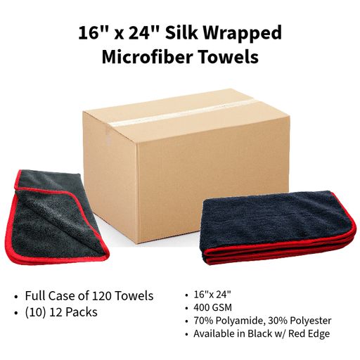 16" x 24" Silk Edge Microfiber Towels (Black/Red) [Case of 120] - Custom Dealer Solutions - SEMDT - BR - CASE