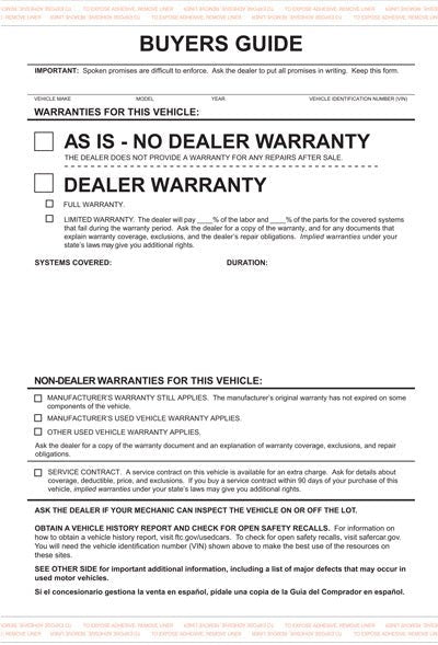Buyers Guide Forms As - Is (100 Pack) - Custom Dealer Solutions - EZ230 - ASIS