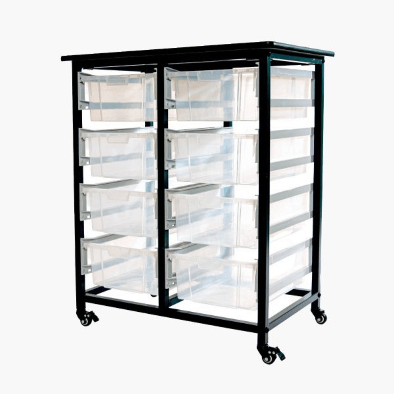 Mobile Bin Storage Unit - Double Row w/ Large Clear Bins - Custom Dealer Solutions - MBS - DR - 8L - CL